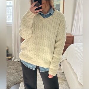 Brandy Melville Cream Cable Knit V Neck Wool Acrylic Sweater Women